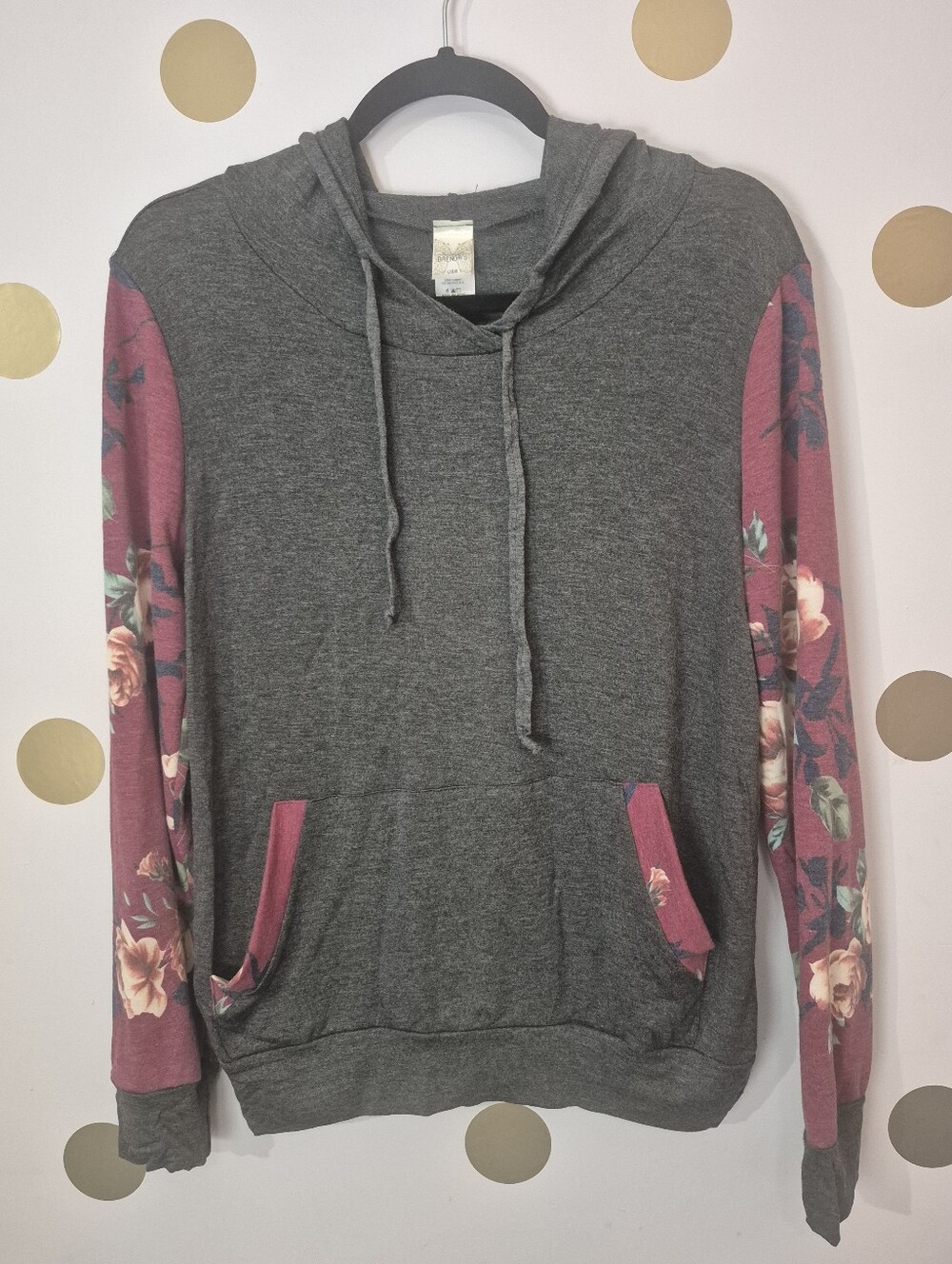 NWT Floral Sleeve Pullover Hoodie Grey Burgundy Super Soft Lightweight